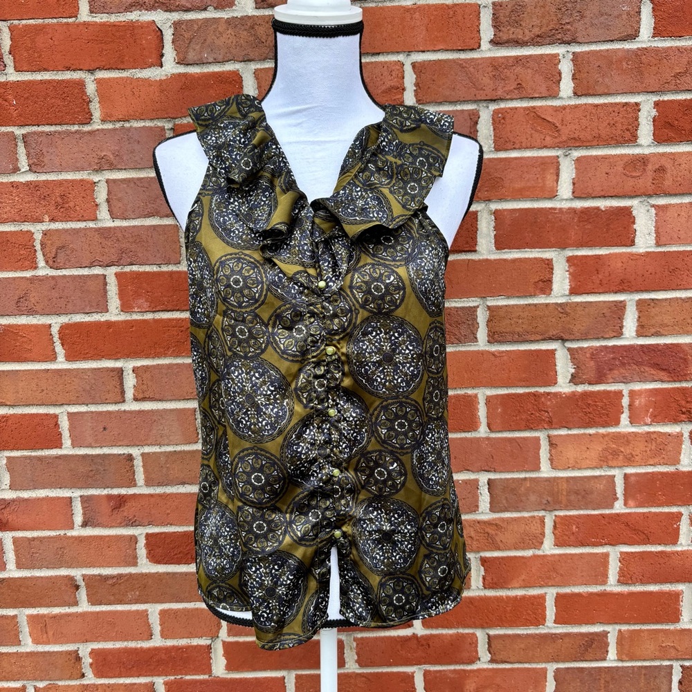 Apt. 9 Green & Black Medallion Print Ruffled Sleeveless Button Down Blouse Small
